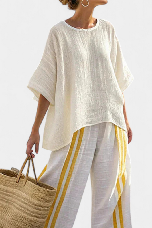 CHIARA - Completo lino a righe gialle con pantaloni ampi