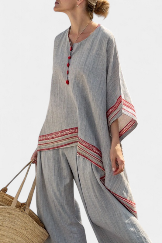 GIULIA - Set blusa asimmetrica e pantaloni larghi a righe rosse