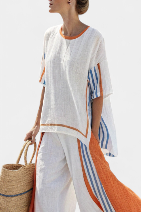 GIULIA - Completo lino a righe multicolori con pantaloni wide leg