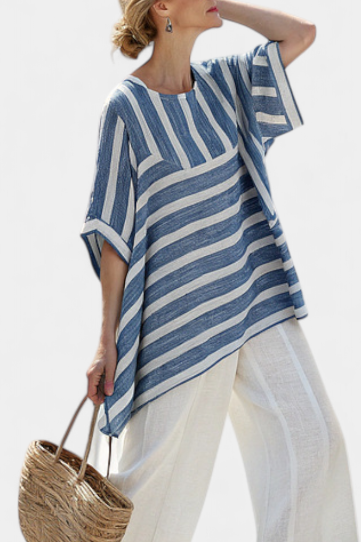 GIULIA - Completo blu a righe con top e pantaloni eleganti