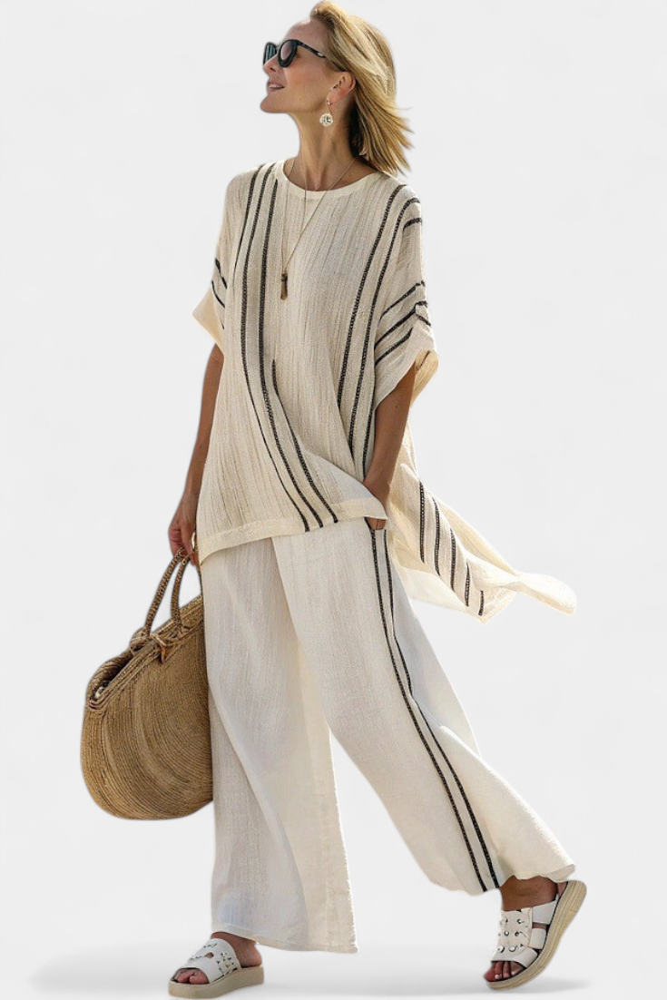 GREYSEN - Completo lino avorio con pantaloni a righe nere