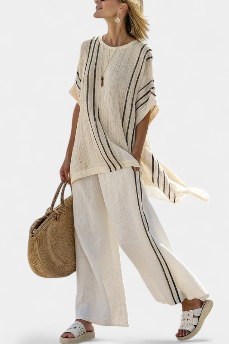 GREYSEN - Completo lino avorio con pantaloni a righe nere
