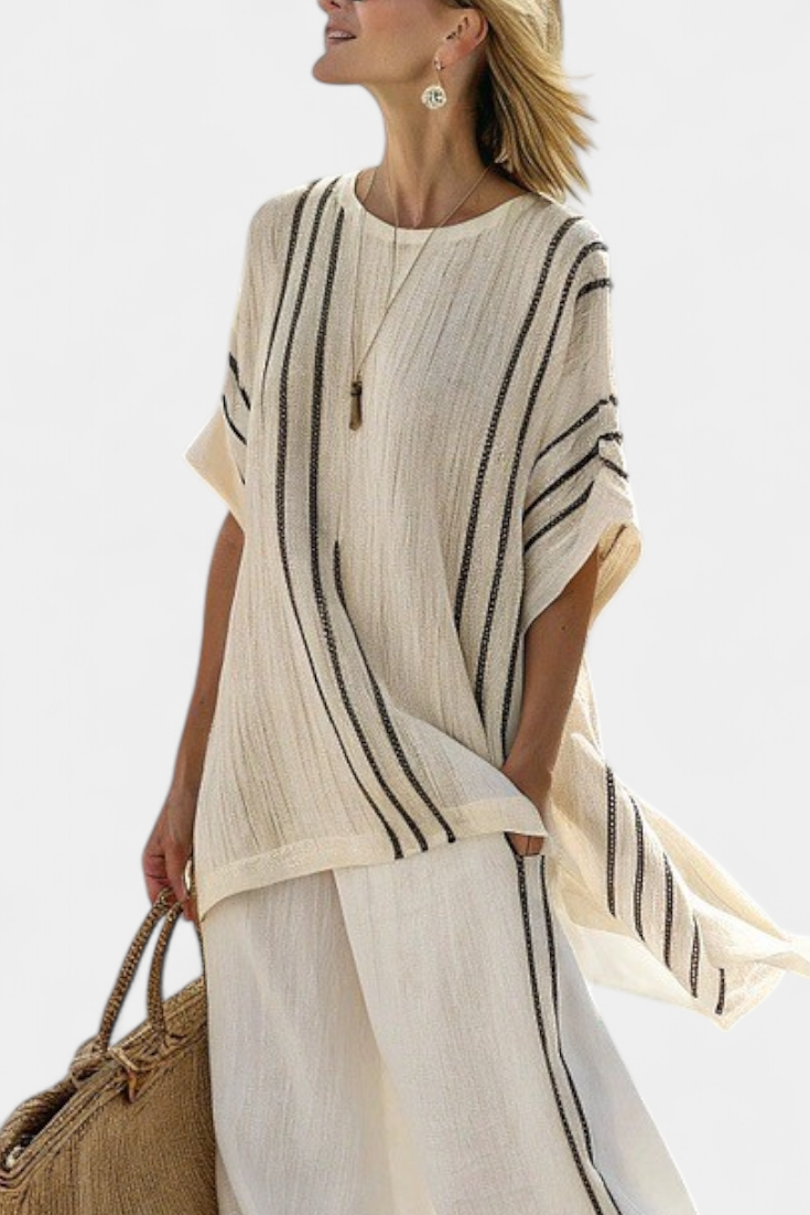 GREYSEN - Completo lino avorio con pantaloni a righe nere