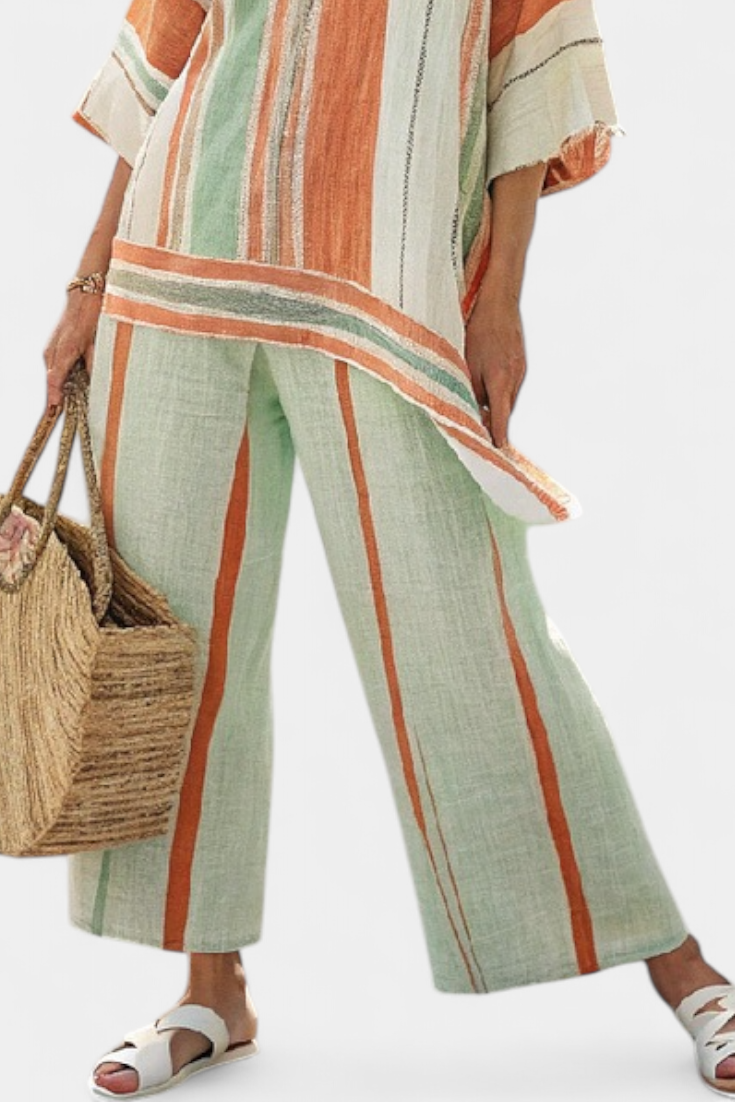 SOFIA - Completo a righe multicolori con top asimmetrico e pantaloni ampi