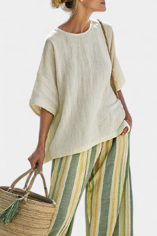 BEATRICE - Completo top e pantaloni in lino a righe multicolori
