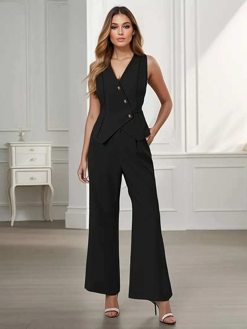 SOFIA - Completo beige con gilet e pantaloni wide leg
