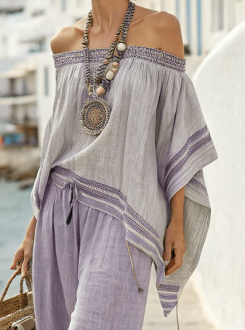 GIULIA - Completo viola in lino a due pezzi off-shoulder