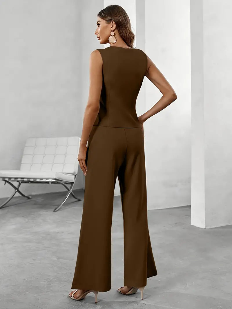 SOFIA - Completo beige con gilet e pantaloni wide leg