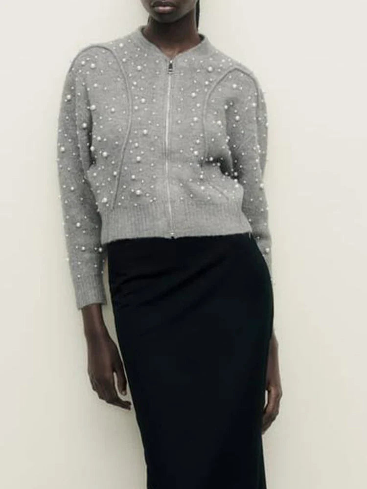 MORICONE - Cardigan grigio con zip e perle decorative