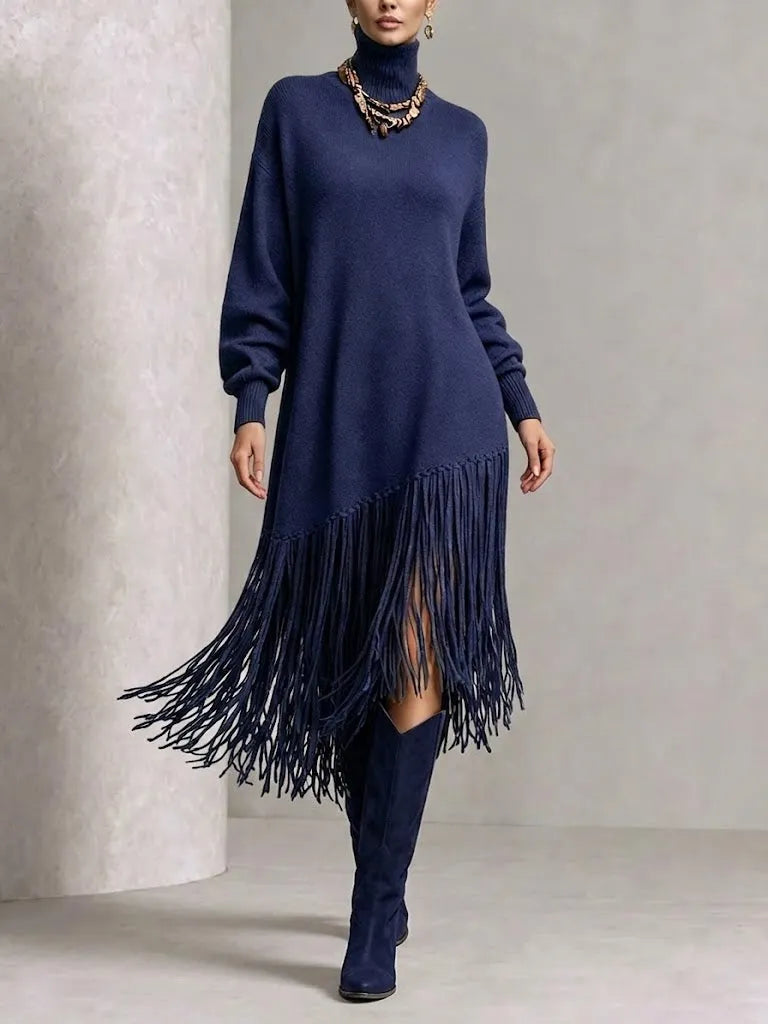 VITTUONE - Abito midi oversize in maglia con frange diagonali e collo alto