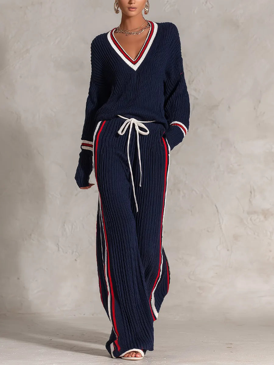 SUMMONTE - Set due pezzi in maglia blu a coste con righe varsity