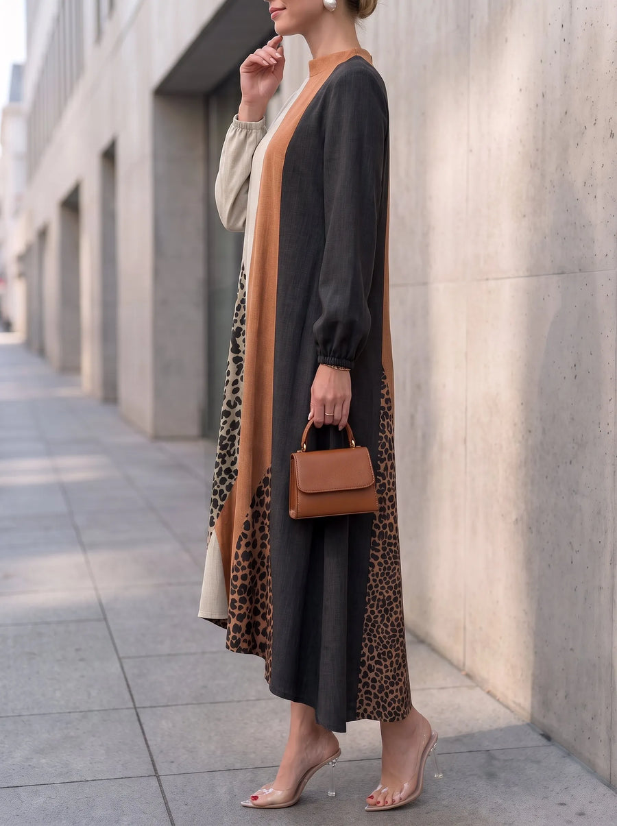 BORBONA - Maxi abito leopardato morbido con zip e maniche lunghe a contrasto