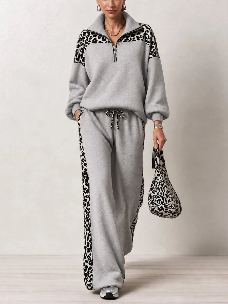 CREMELLA - Set due pezzi leopardato bicolore con zip e pantaloni ampi