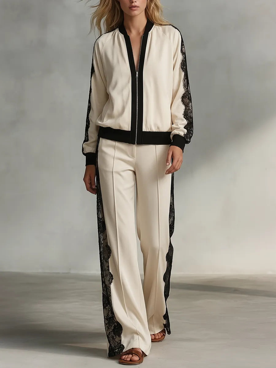 BANCHETTE - Completo bianco bomber con pizzo e pantaloni wide leg