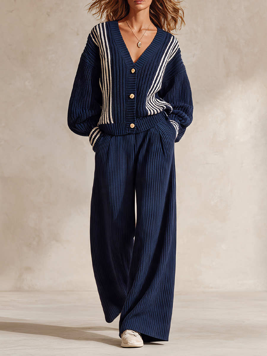 MAREBBE - Set due pezzi in maglia a coste blu a righe