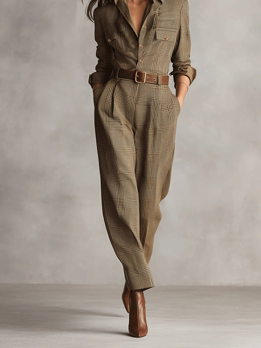 GIULIA - Tuta utility in tweed marrone fantasia elegante