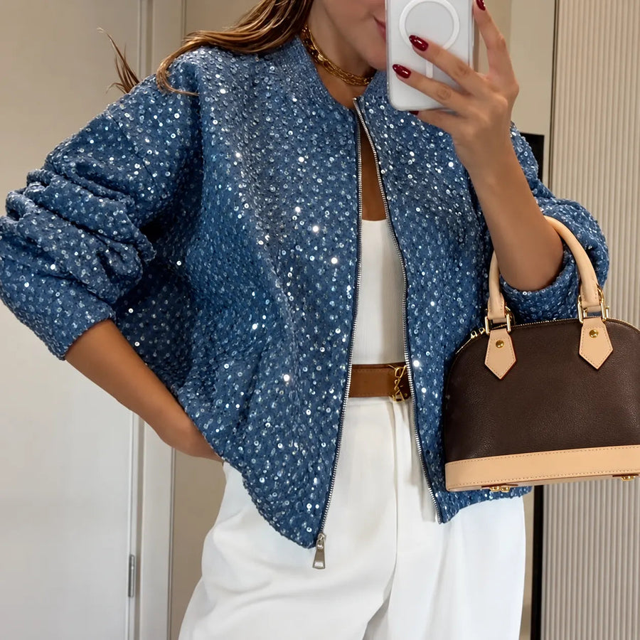 SORI - Giacca in denim blu con paillettes e zip frontale