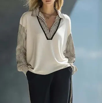 Casual-chic Long-sleeved Set Featuring A Collared, Color-blocked Top And Black Trousers