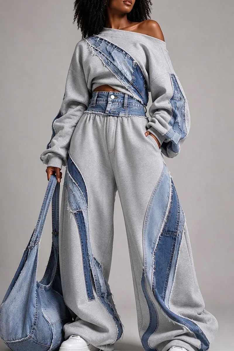 CASTAGNO - Set due pezzi felpa patchwork grigia e pantaloni denim ampi