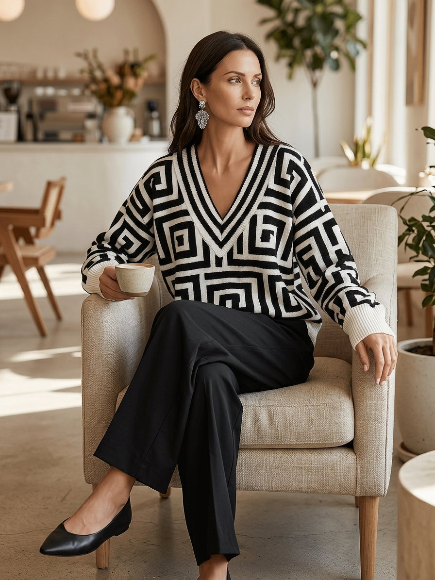 PETRITOLI - Maglione bianco jacquard oversize con scollo a V geometrico