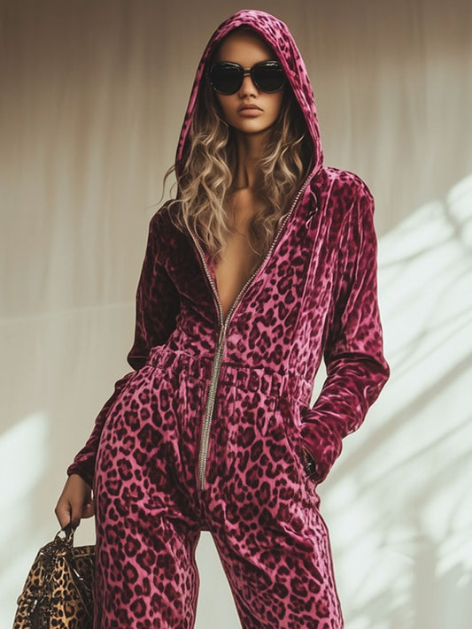 Casual Loose Retro Pink Velvet Leopard Print Elastic Waist Zipper Hooded Jumpsuit