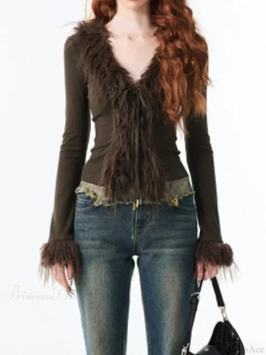 CLITENNESTRA - Cardigan scollo a V con inserti effetto pelliccia