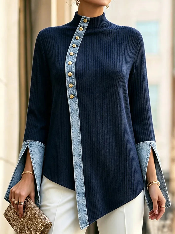 MORTARA - Top in maglia denim patchwork blu con collo alto