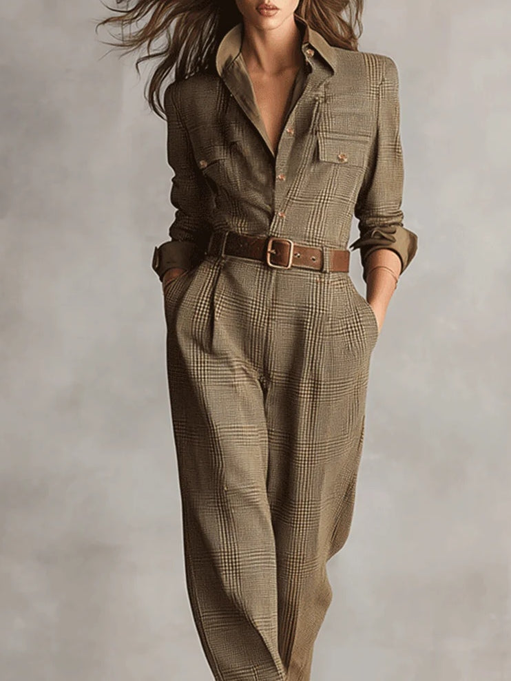 GIULIA - Tuta utility in tweed marrone fantasia elegante