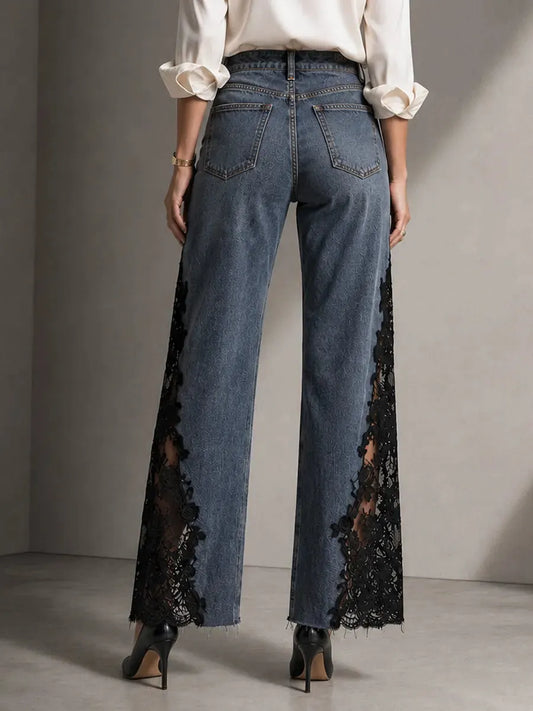 BOSARO - Jeans wide leg in denim blu con pannelli in pizzo