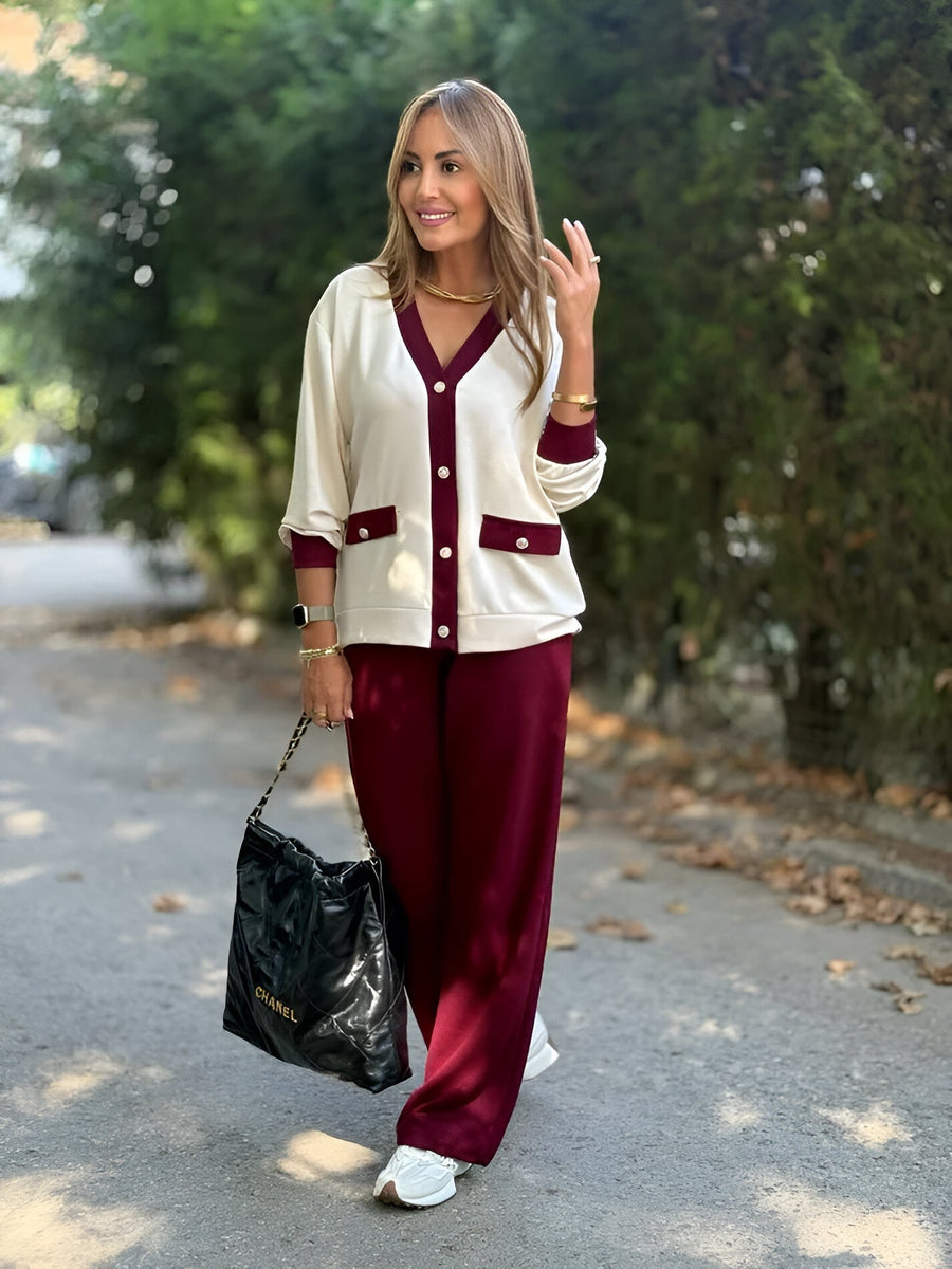 MOMBALDONE - Set due pezzi cardigan e pantaloni marroni, bordeaux e rossi