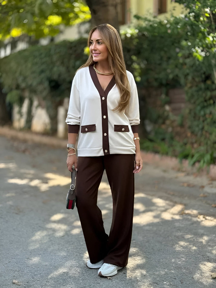 MOMBALDONE - Set due pezzi cardigan e pantaloni marroni, bordeaux e rossi