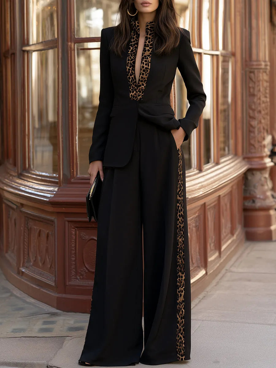 ALBUGNANO - Set due pezzi nero con blazer sartoriale e pantaloni ampi leopardati