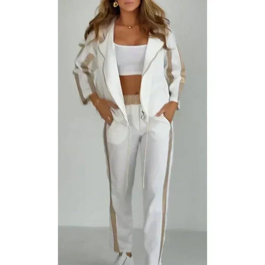 ANDALO - Tuta donna bianca o marrone con cappuccio rigato e coulisse