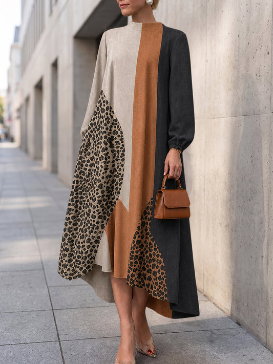 BORBONA - Maxi abito leopardato morbido con zip e maniche lunghe a contrasto