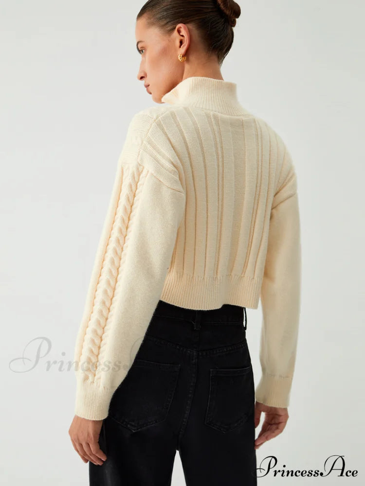MARANELLO - Cable Knit Two Trendy Way Zip Crop Cardigan