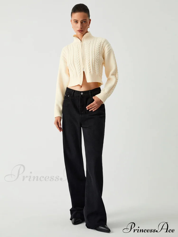 MARANELLO - Cable Knit Two Trendy Way Zip Crop Cardigan