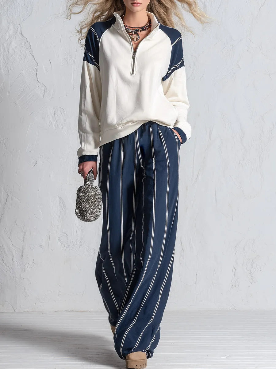 Set due pezzi con felpa raglan e pantaloni a righe