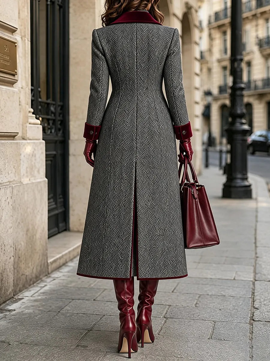 NONE - Cappotto lungo grigio in misto lana spigato
