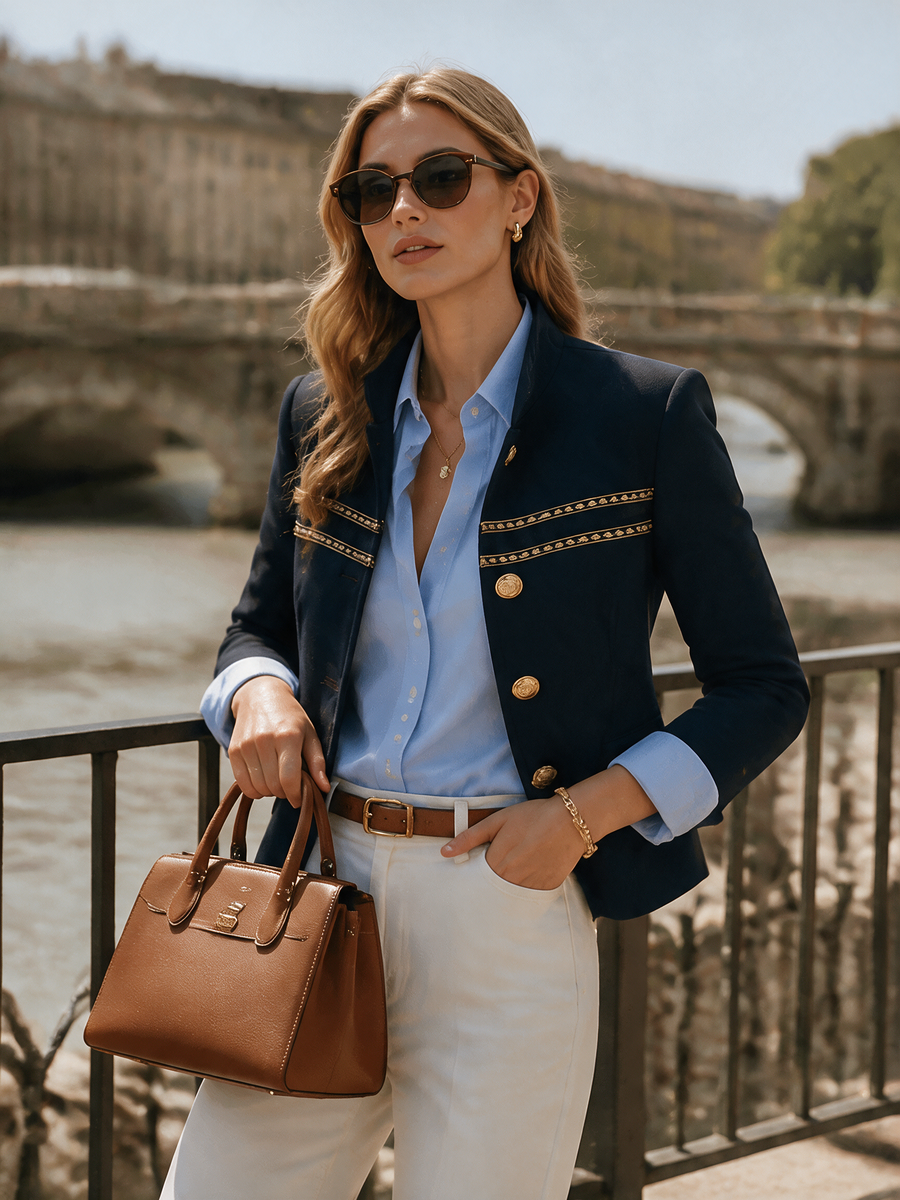MAENZA - Blazer blu navy con revers e bottoni dorati