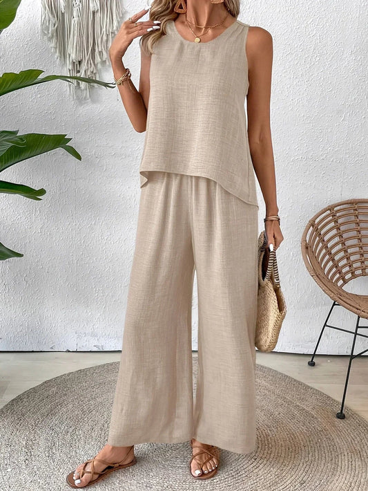 BEATRICE - Completo beige tank e pantaloni 2 pezzi