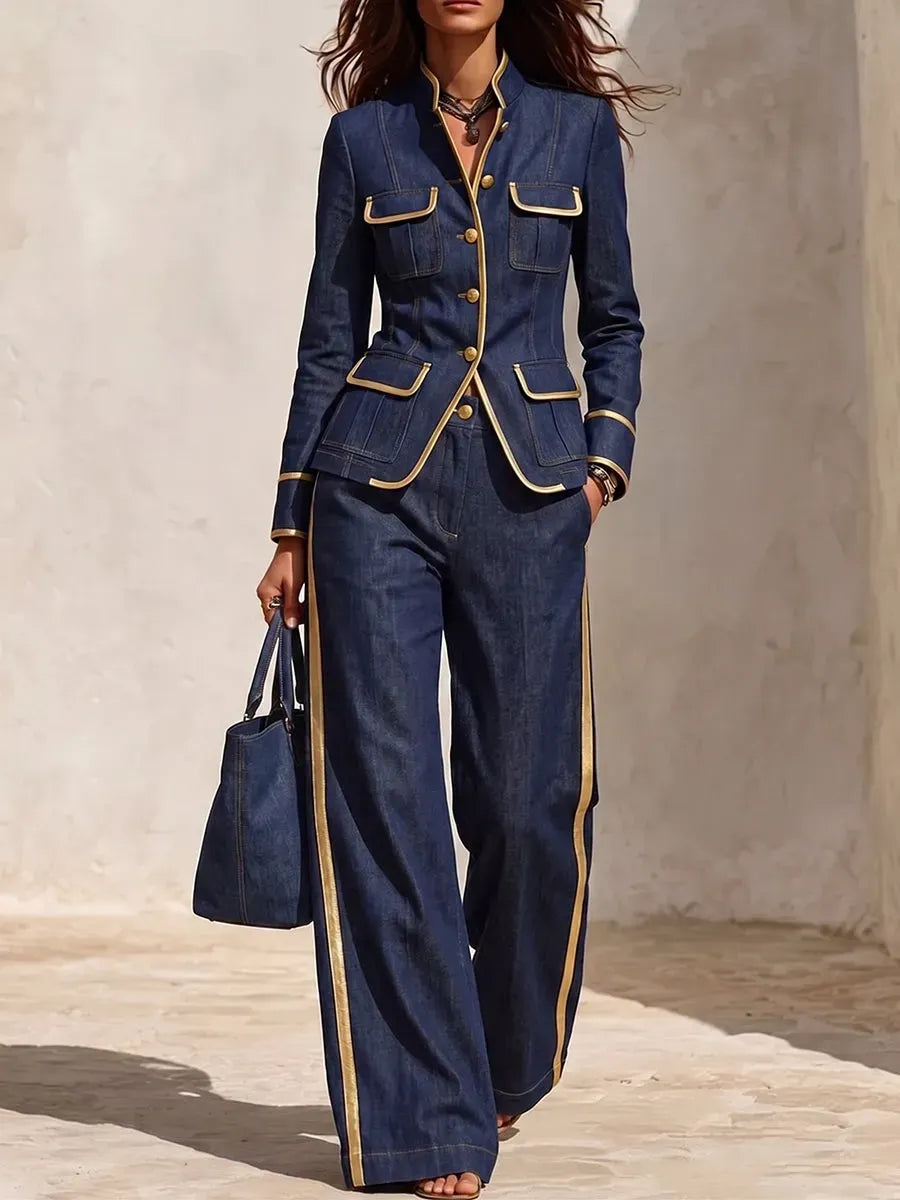 ASIA - Jeans casual blu con profili dorati
