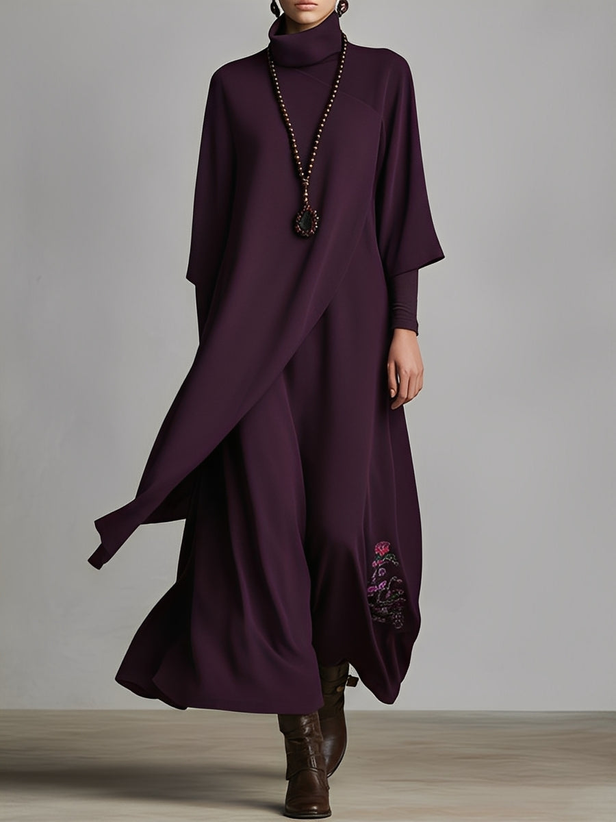ARBORIO - Abito maxi color prugna in jersey misto cotone ricamato