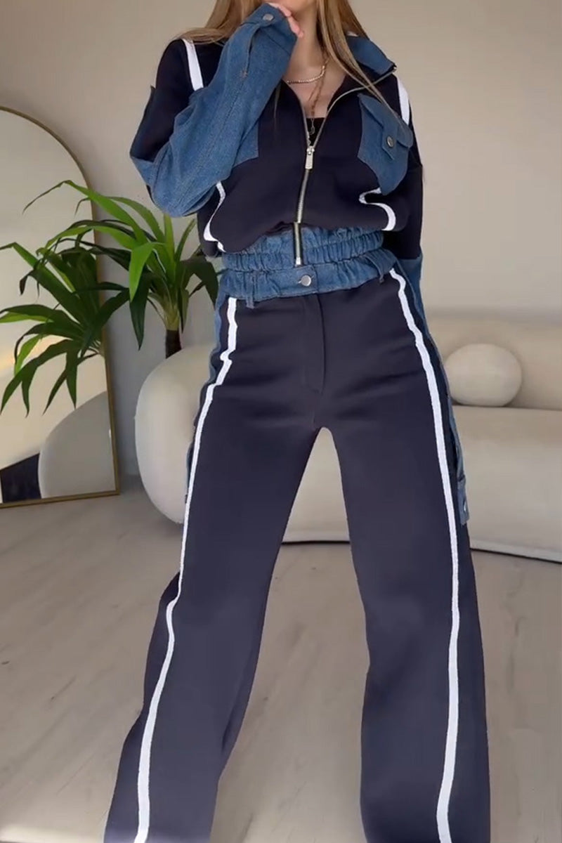 Set due pezzi con giacca e pantaloni con inserti denim