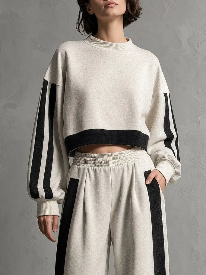 NUORO - Set due pezzi felpato beige e nero con pantaloni ampi
