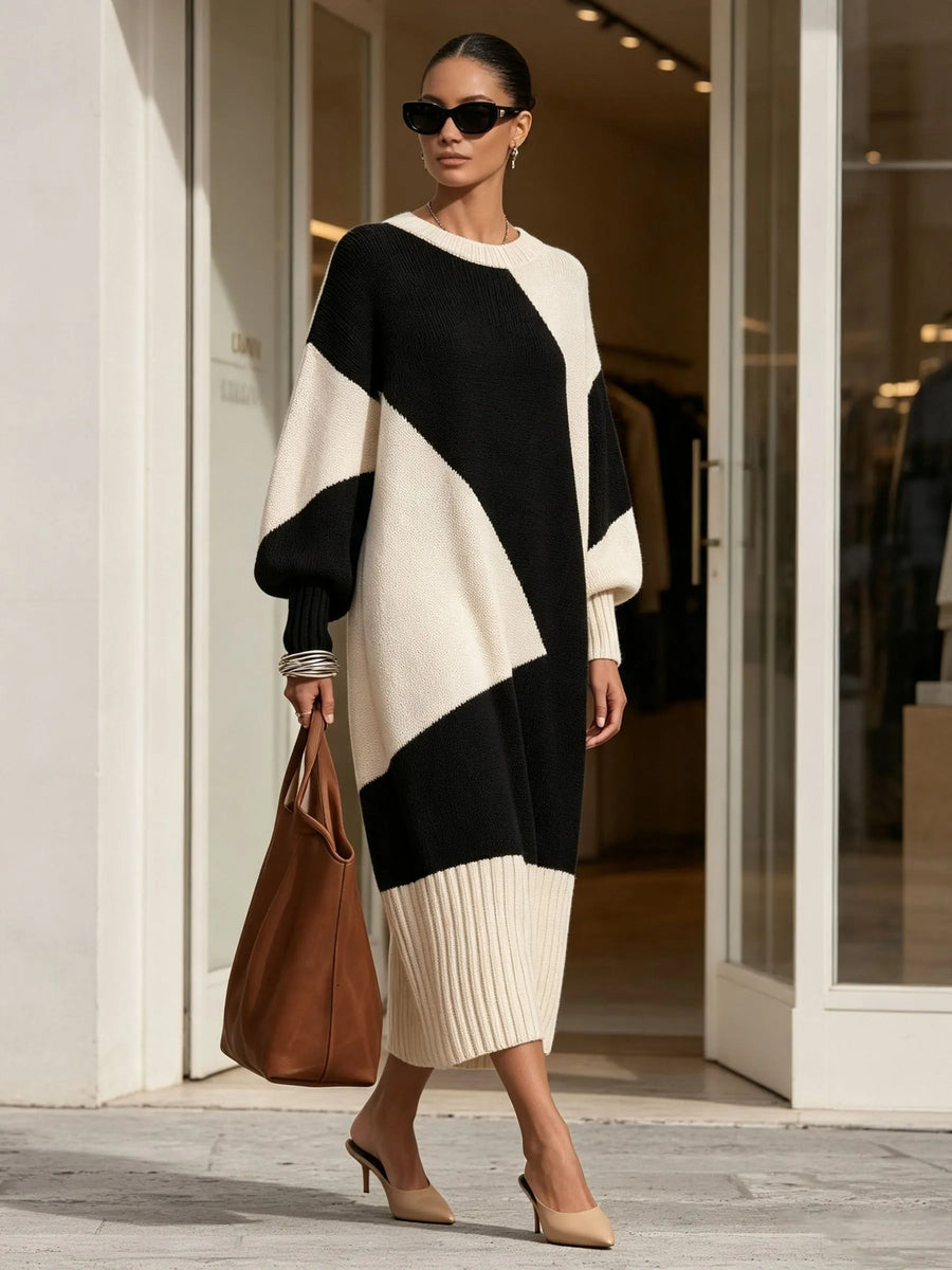 MONTOTTONE - Abito midi in maglia bianco e nero con maniche balloon