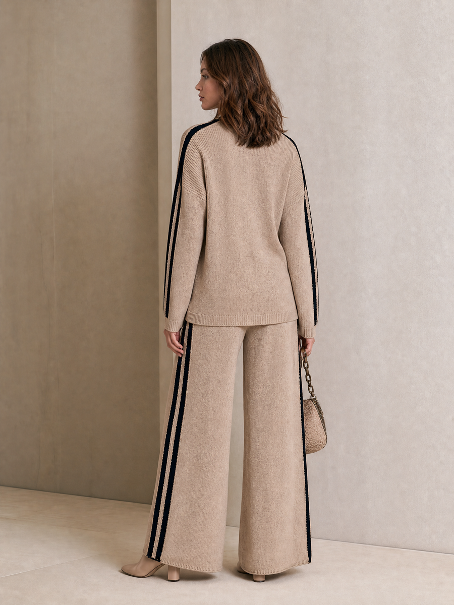 CADONEGHE - Set due pezzi in maglia beige a righe nere