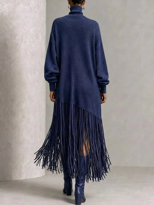VITTUONE - Abito midi oversize in maglia con frange diagonali e collo alto
