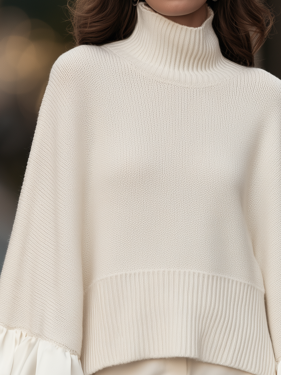 GROSIO - Maglia oversize avorio con collo alto e polsini a volant in raso