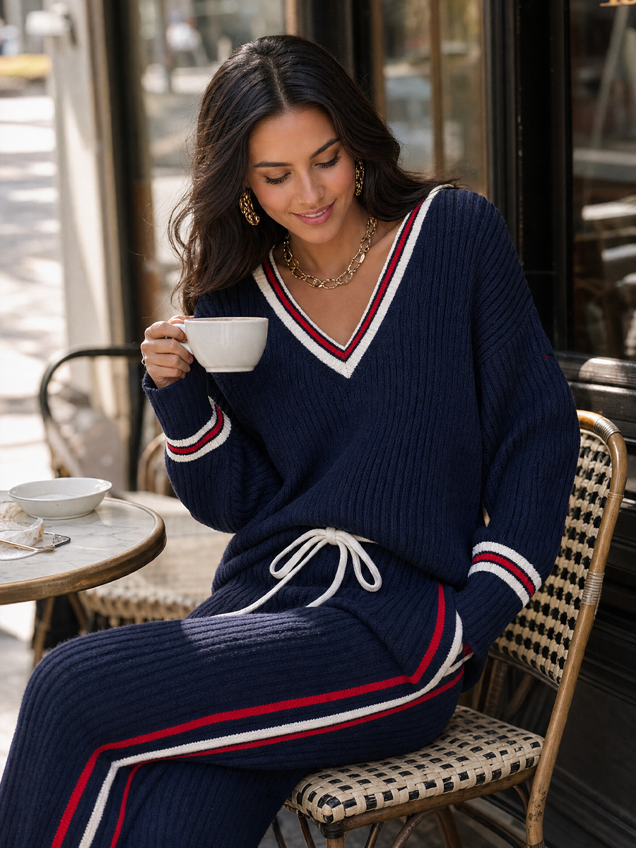 SUMMONTE - Set due pezzi in maglia blu a coste con righe varsity