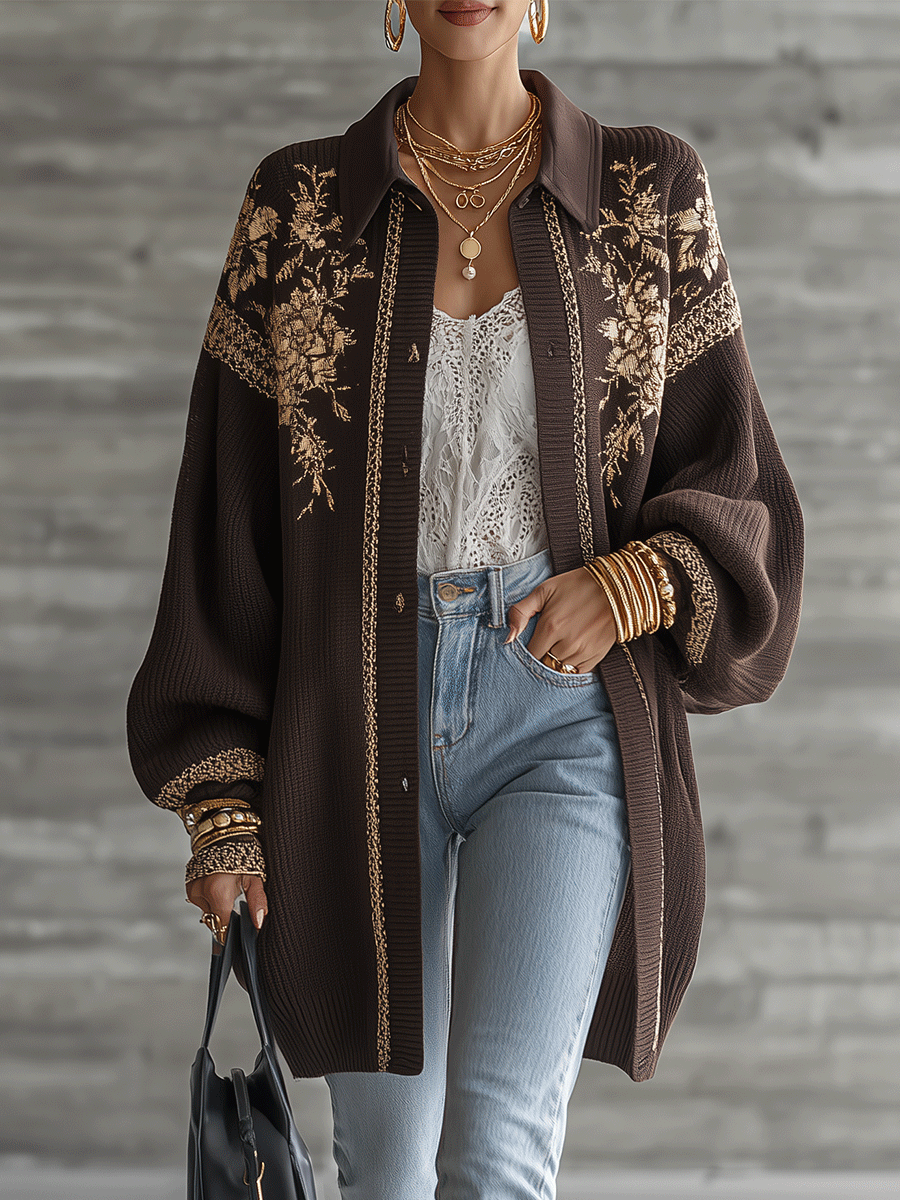 LANDIONA - Luxe Jacquard Knit Oversized-Fit Chocolate Brown Floral Cardigan